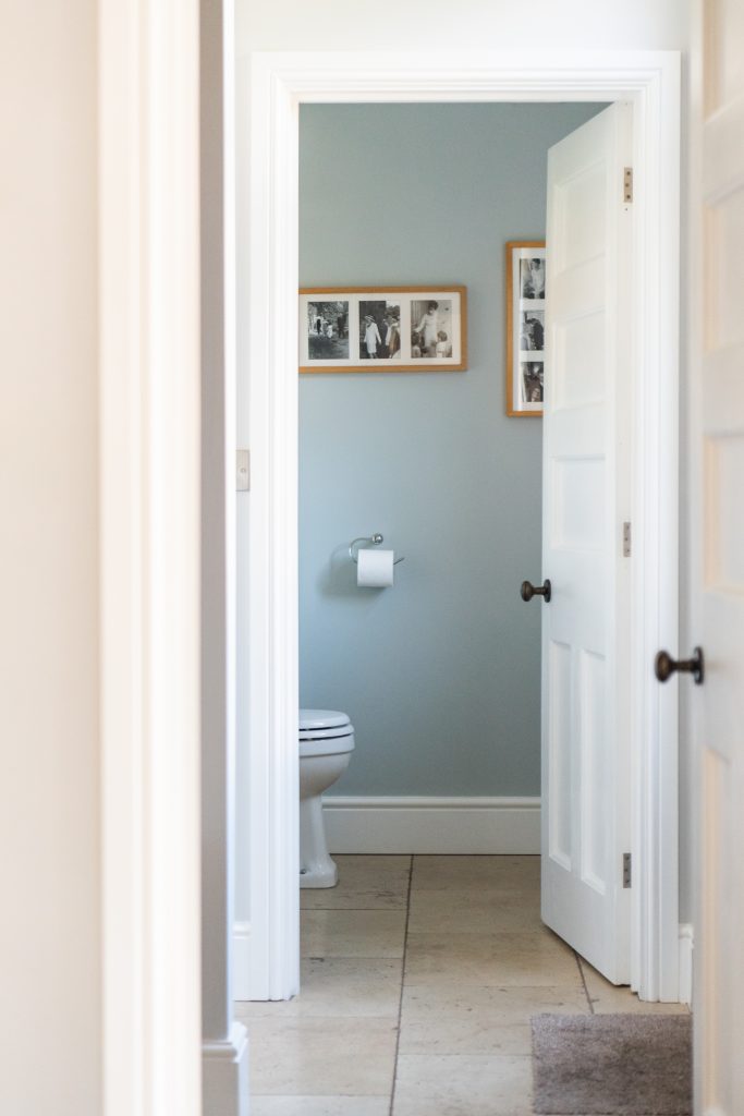 Door into renovated bathroom. 