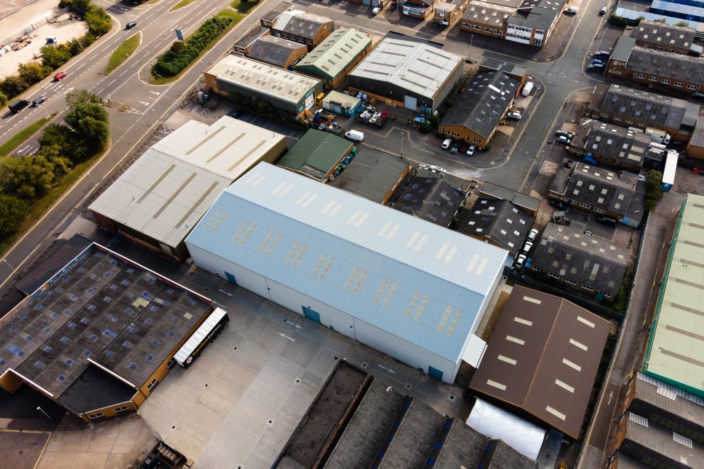 Aerial view of a large warehouse