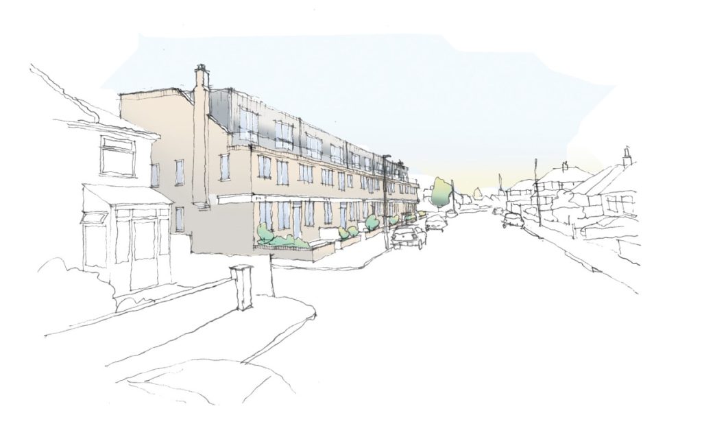 Hand sketch to show scale of a new metal clad roof extension within the street context.